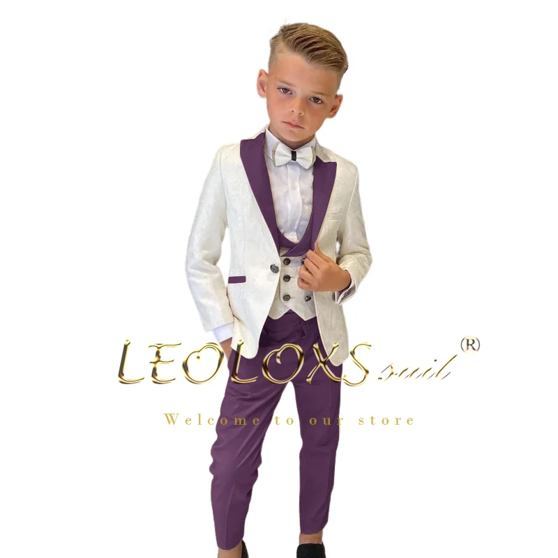 Boys' Floral Jacquard Wedding Tuxedo 3 Piece Set Double Breasted Vest Blazer and Trousers Children's Suit Set boys formal suit set