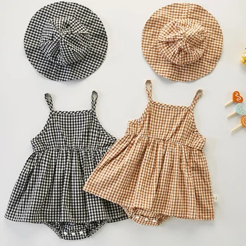 Newborn Baby Girls Jumpsuit+Hat Sleeveless Cotton Plaid Toddler Baby Girl Dress Romper Baby Girls Clothes For Summer 1