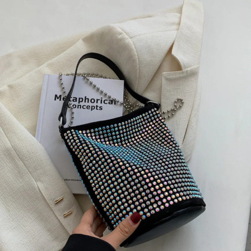 

2023 Luxury Diamonds Basket Bag Designer Brand Women Handbag Female Rhinone Shoulder Crossbody Bag Evening Party Bucket Purse