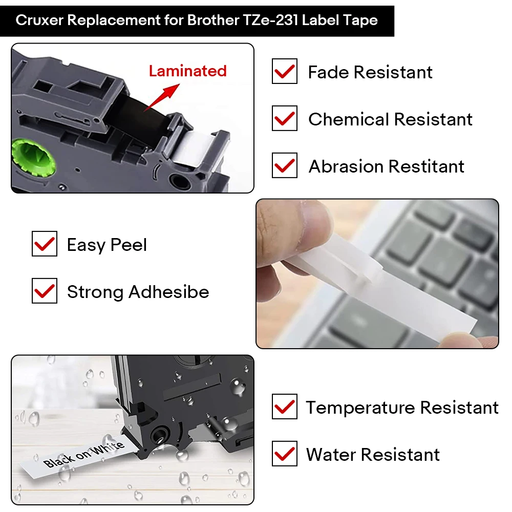 Description Picture 3 of item10Pcs 6/9/12/18/24mm TZ 231 241 251 211 tz 631 651 Black on White Laminated Tape Compatible for Brother PTouch Label Maker