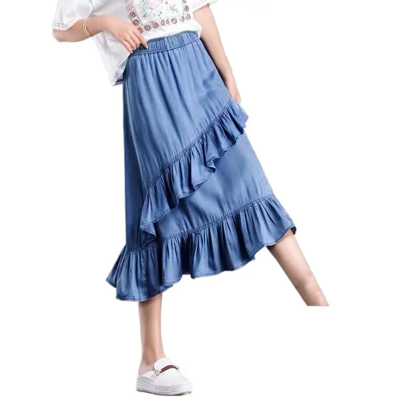 

Black Blue plus size Women' High Waist Denim ruffled skirt Spring Summer Asymmetrical Elegant long Skirt cotton skirts