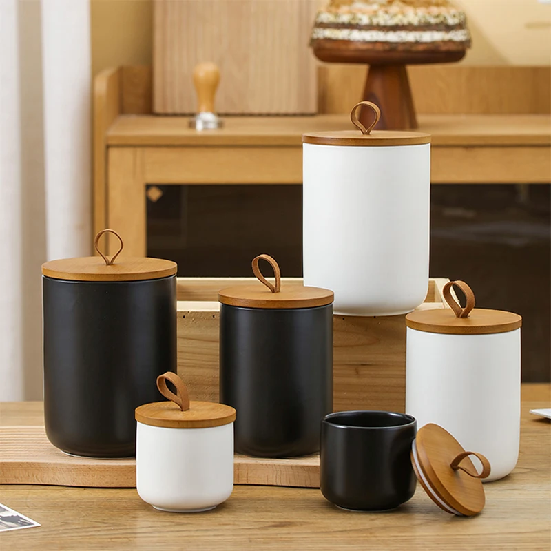 

Ceramics Storage Jar with Airtight Wood Lid Loose Tea Coffee Sugar Spice Nuts Snacks Seasonings Tank Container Kitchen Organizer