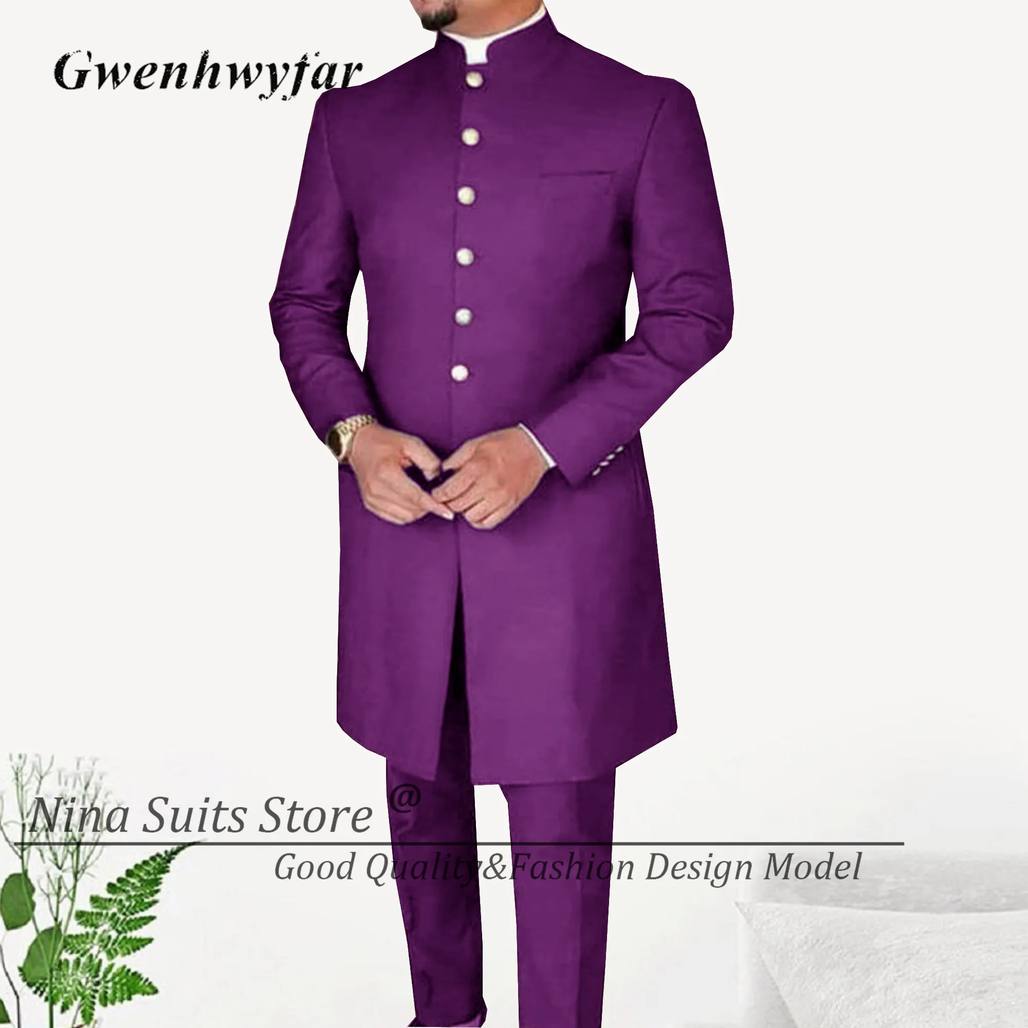 G&N New Men Suits African Long Jacket Grey Elegant Gold Buttons Groomsmen Party Man Formal Costume 2 Pieces Male Tuxedos
