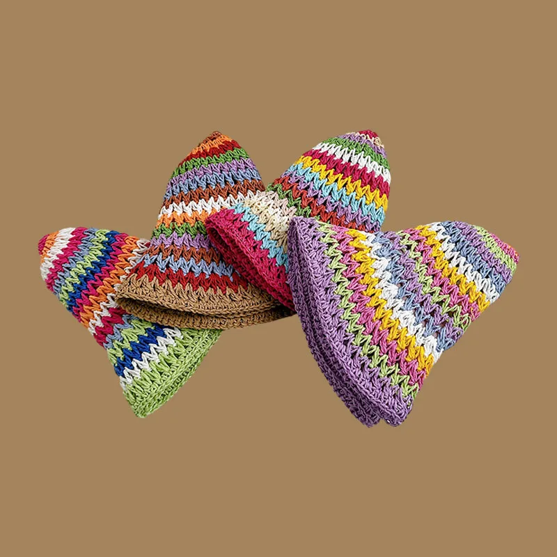 Summer Rainbow Striped Bucket Hat Woman Crochet Beach Fisherman Hat Foldable Handmade Weave Sun Female Panama