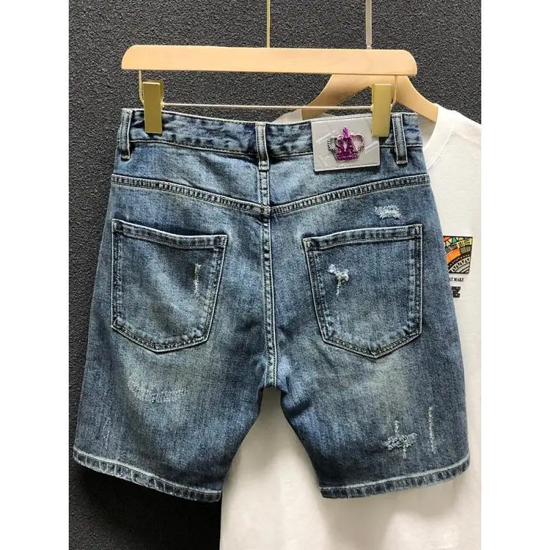 Summer Casual Denim Knee Length Jeans Shorts for Men with Ripped Holes Boyfriend Classic Streetwear Luxury Jeans Shorts for Men