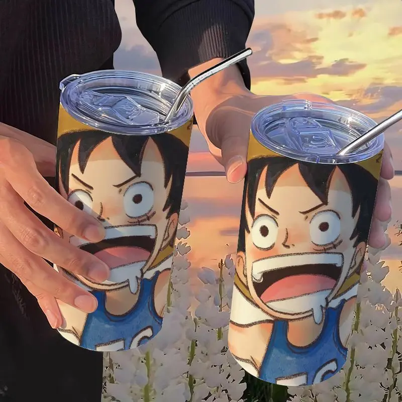 thumbnail image 1 of Botella de agua de One Piece Monkey D. Luffy Roronoa Zoro, taza de café con pajita, 420 ml, acero inoxidable, dibujos animados de anime, portátil, 1 of 5