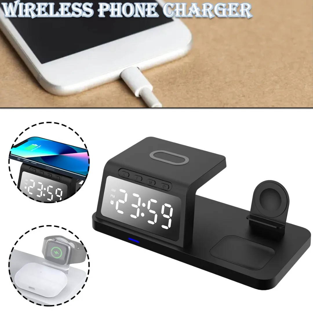 

Wireless Charger Fast Charging with Alarm Clock For iPhone Apple Watch AirPod Stylish Design Versatile Wireless Charging Station