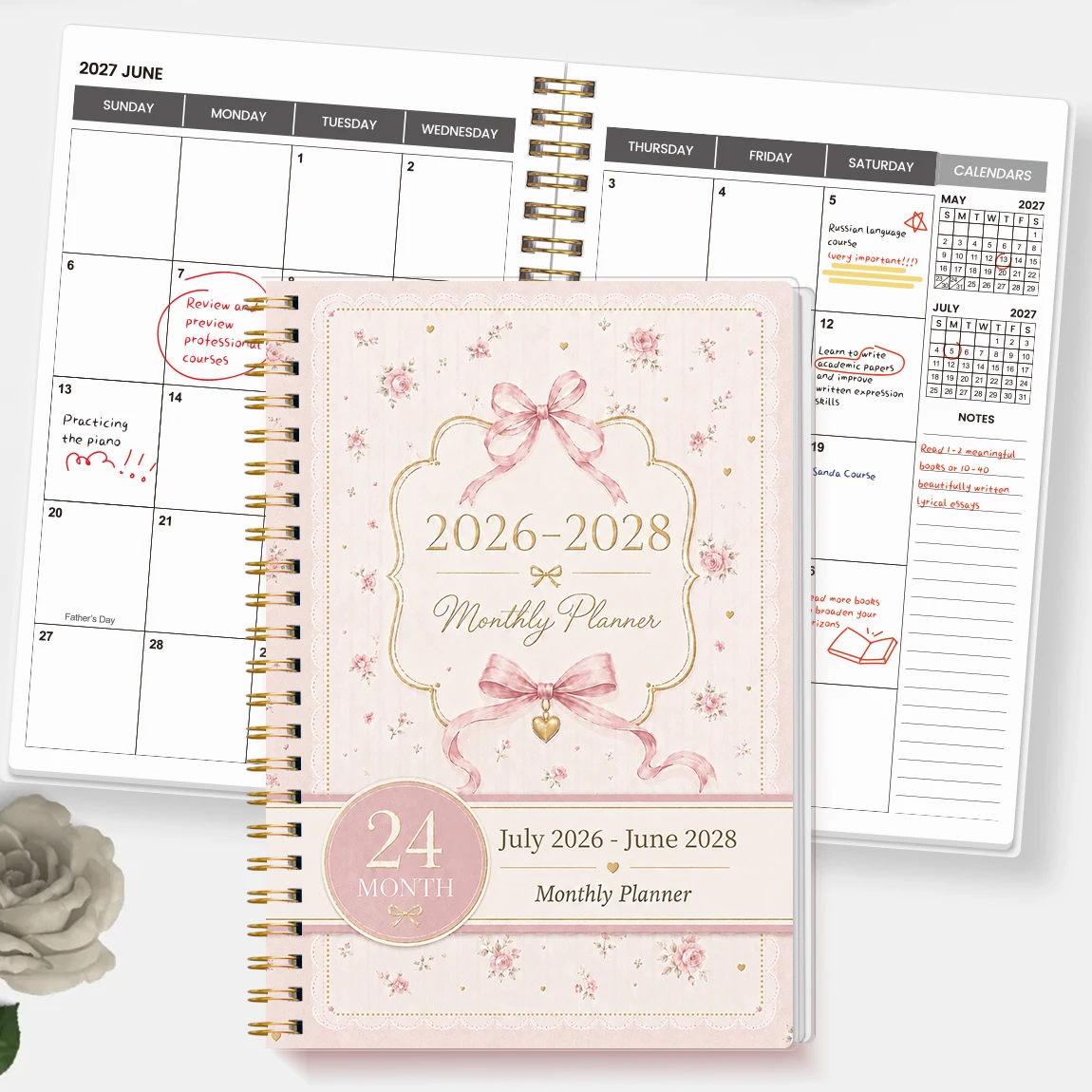 1 Pezzo Agenda Mensile Accademica 2026-2028, Calendario a Spirale A5 per 24 Mesi con Blocchi Grandi, Note, Copertina Floreale Rosa con Fiocco - immagine 2