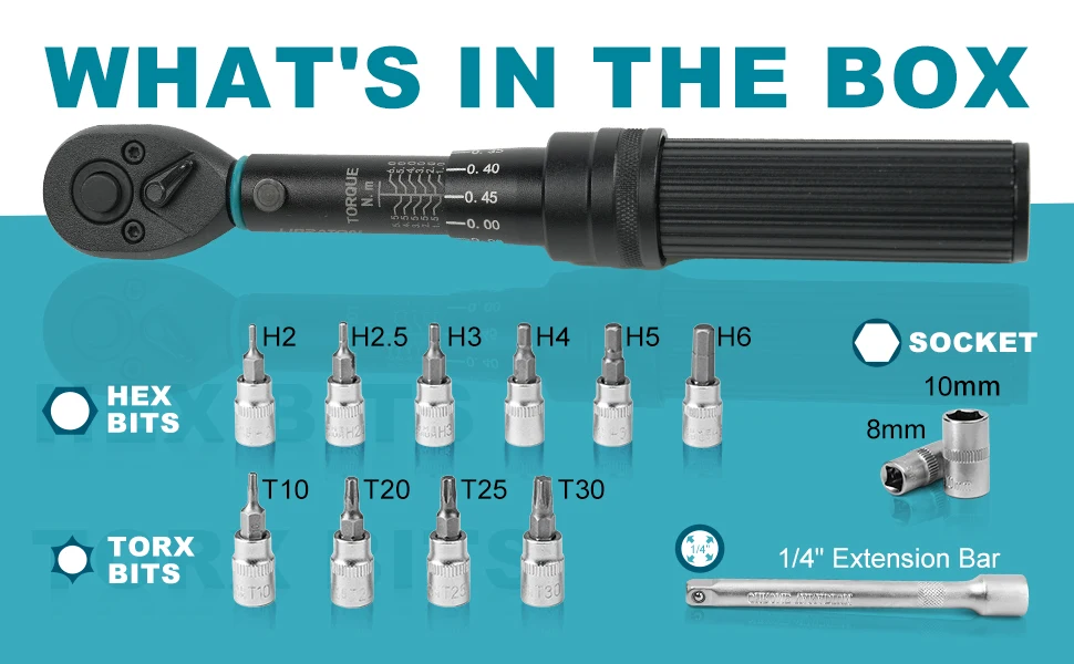 Description Picture 4 of itemLIBRATON Bike Torque Wrench 1/4'' 1-6Nm, 0.05 Nm Micro, Drive Click Torque Wrench Set, Hex, Torx/Star Bit Sockets, Extension Bar