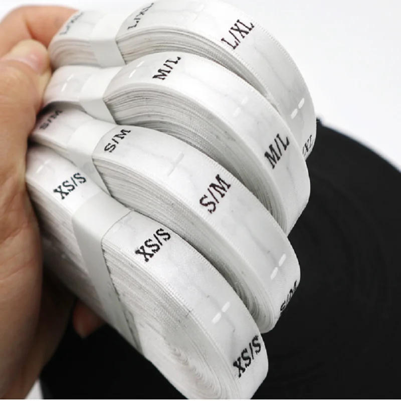 500pc roll 12x35mm Satin Woven size tags double mark size XS/S S/M M/L L/XL white black siziing tags