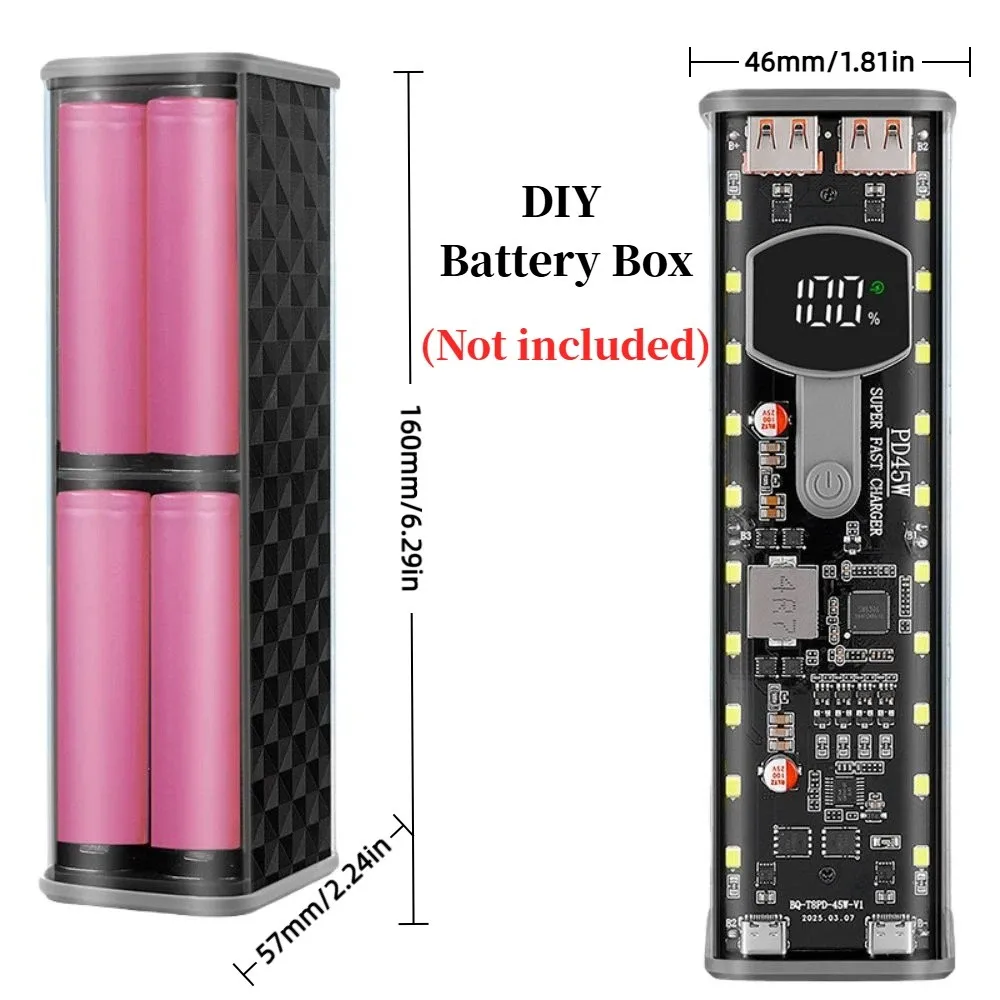 PD 22.5W 45w 8x18650 파워 뱅크 케이스 고속 충전 USB+타입-C 포트 배터리 보관함 LED 화면 투명 DIY 배터리 박스