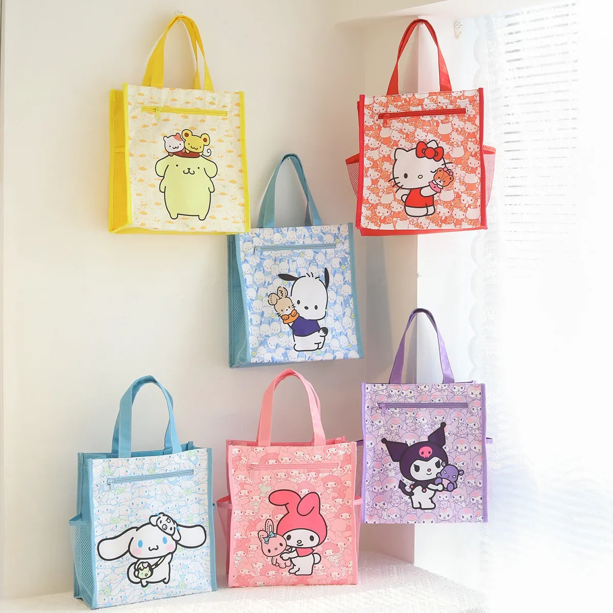 

Women's Cartoon Kuromi Oxford Cloth Waterproof Portable Double-layer Tutorial Bag Student Hello Kitty Zipper Handbag Storage Bag