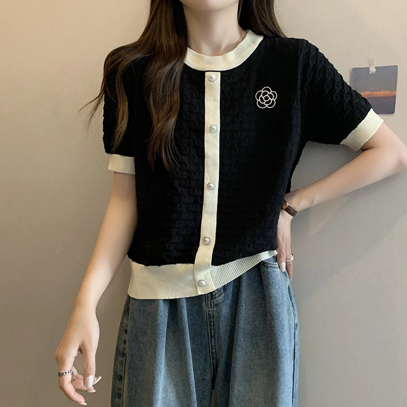 

Women Loose embroidery Sweater Summer Knitwear Top Fashion Female Knitted pullover short sleeve Jumper Women's clothing