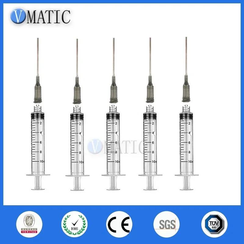 Non Sterilized 5 Pcs Dispensing Plastic Manual Luer Lock Syringes 10Ml/Cc With Needle Tips 1 Inch & Caps/Stopper