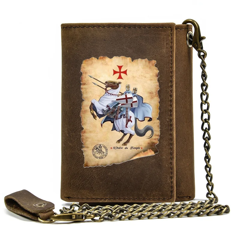 

Genuine Leather Men Wallet Anti Theft Hasp With Iron Chain Knights Templar Assault Cover Card Holder Rfid Short Purse BT3715