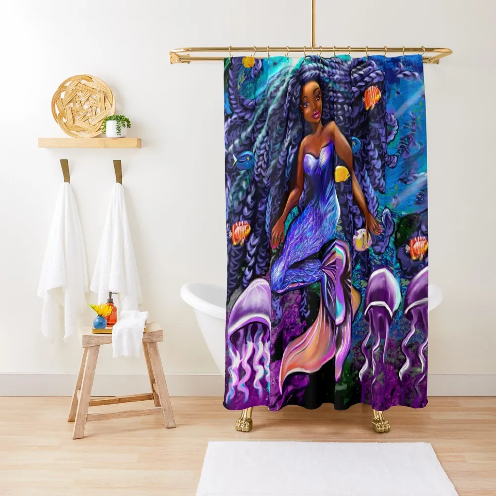 mermaid underwater with flowing shimmering blue black braids 2 fish and jelly fish  , brown eyes curly Afro hair  Shower Curtain