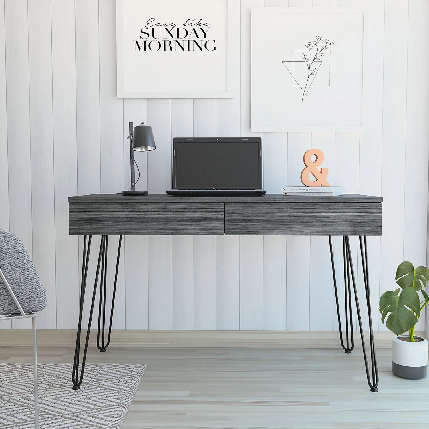 

Sleek and Stylish Smokey Oak Canton Writing Desk with Hairpin Legs and 2 Spacious Drawers for a Modern Office Feel desk