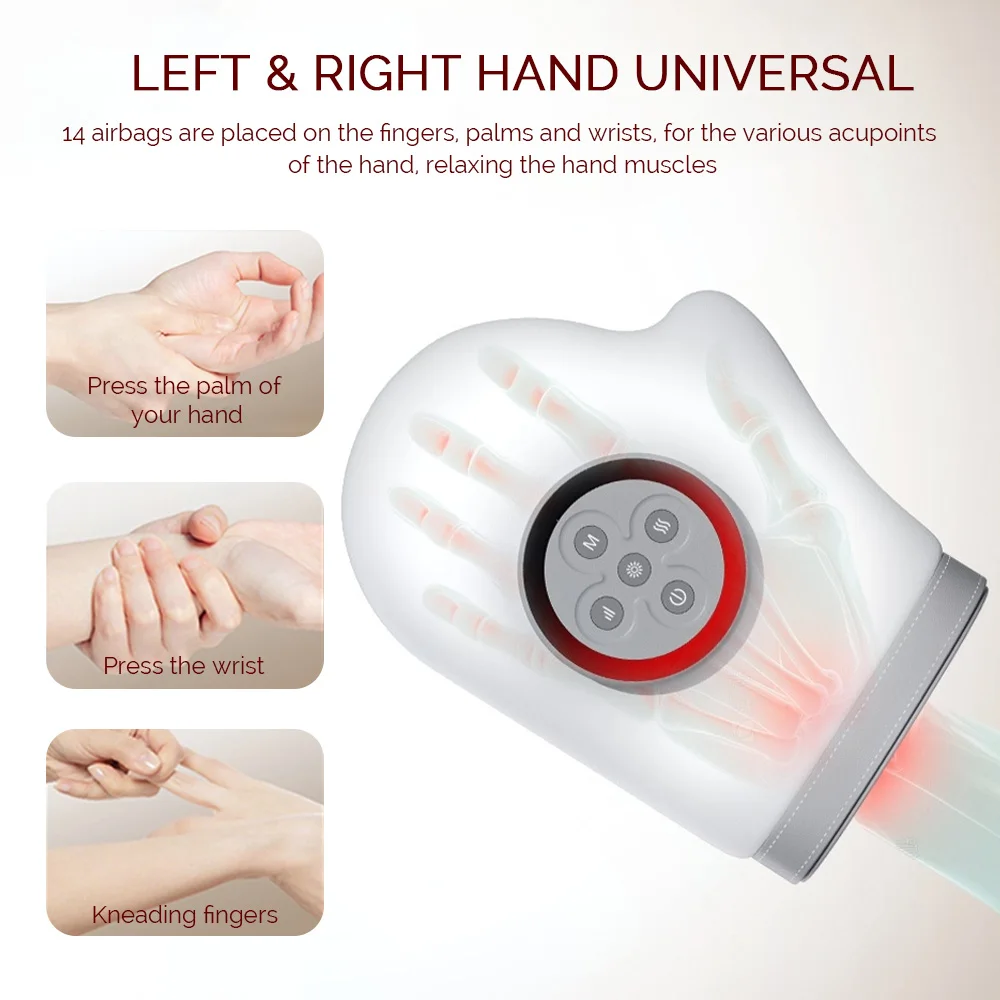 360° Electric Hand Massager Airbag Compression Heat Cordless Glove Kneading Massager Application Palm Finger Relaxation