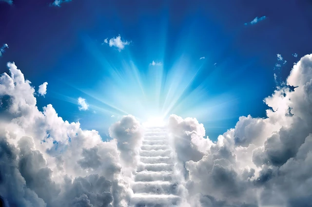 In Loving Memory Memorial Background Template Stairs to Heaven, Rest in  Peace, Cloudy Sky, Metal Print for Sale by Leonardo M