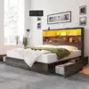 King Size Bed Frame Wooden Platform Bed with 51.2" Storage LED Bookcase Headboard, 4 Storage Drawers & Charging Station 1
