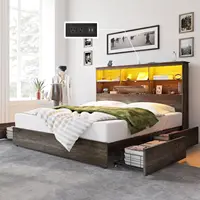 King Size Bed Frame Wooden Platform Bed with 51.2" Storage LED Bookcase Headboard, 4 Storage Drawers & Charging Station 1