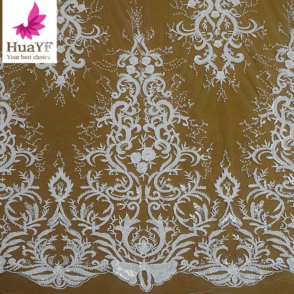 

1 ярд нигерийское женское вечернее платье высокого качества из белой кружевной ткани с бусинами и блестками Тюлевое кружево HY2673
