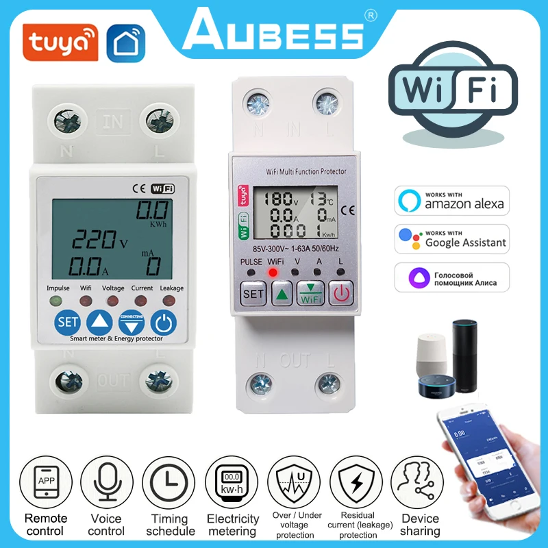 

AUBESS Tuya WIFI 63A 110V 220V Smartlife WIFI Energy Meter Kwh Metering Switch Timer With Voltage Current And Leakage Protection