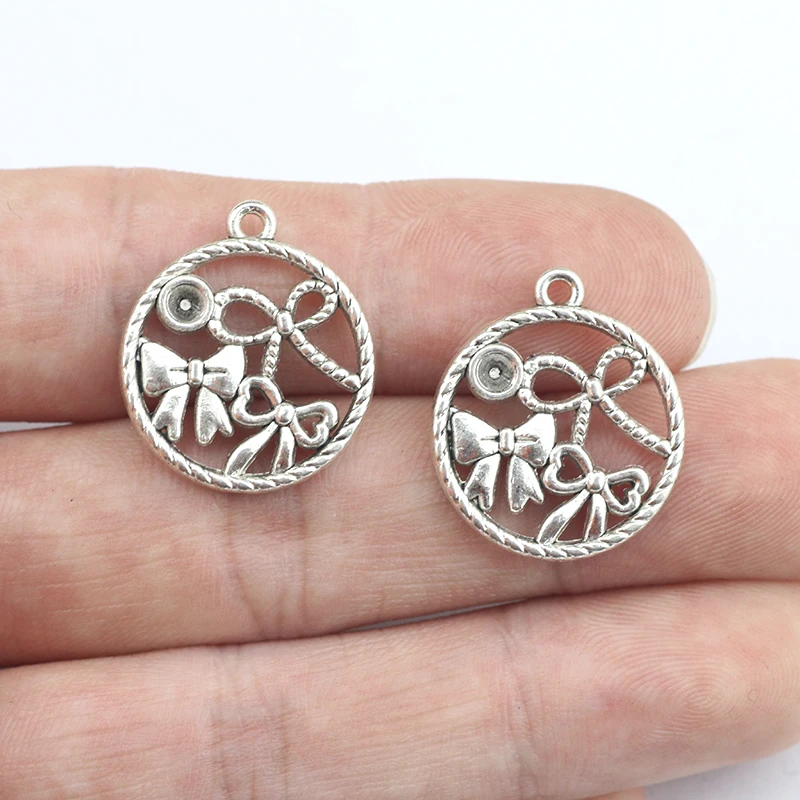 20 Pieces/lot 24mm*20mm Antique Silver Plated Round Metal Bowknot Charm