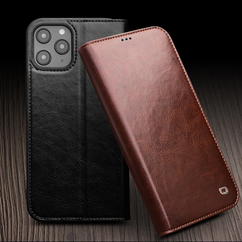 

Qialino Real Leather Flip Cover For Iphone 14 13 12 11 Pro Xs Max Xr Business Card Slots Wallet Pocket Kickstand Protection Case