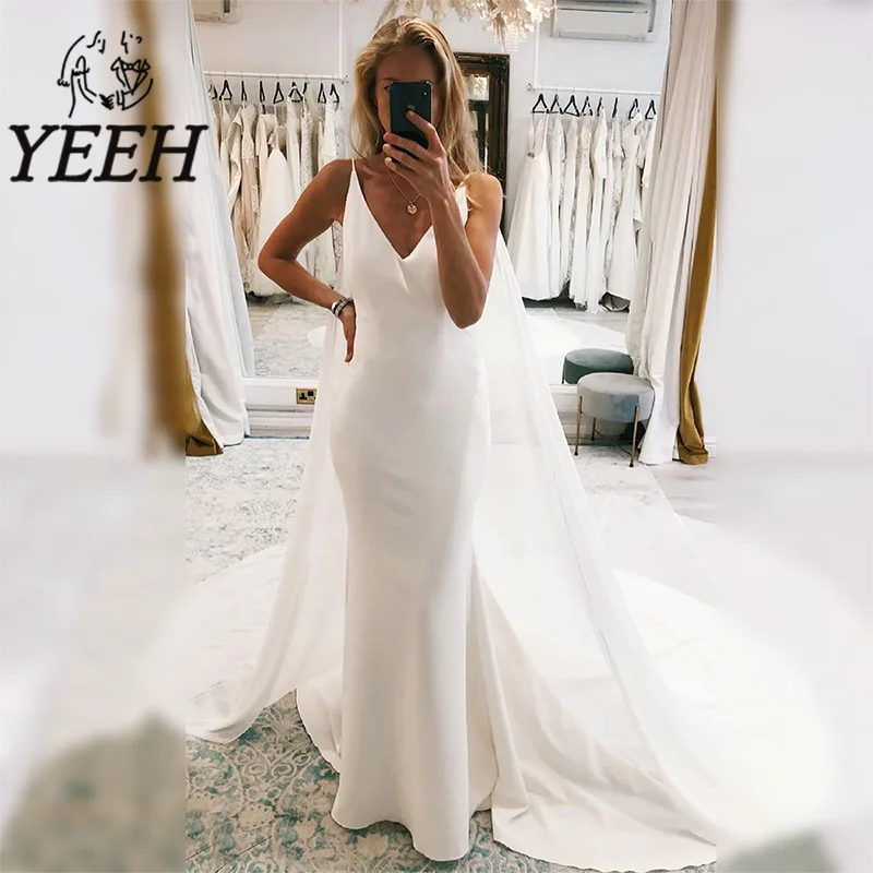 

YEEH Wedding Dress Boho Plain Satin V-neck Simple Bridal Gown Elegant Mermaid V-back Watteau Train Vestido De Noiva for Bride