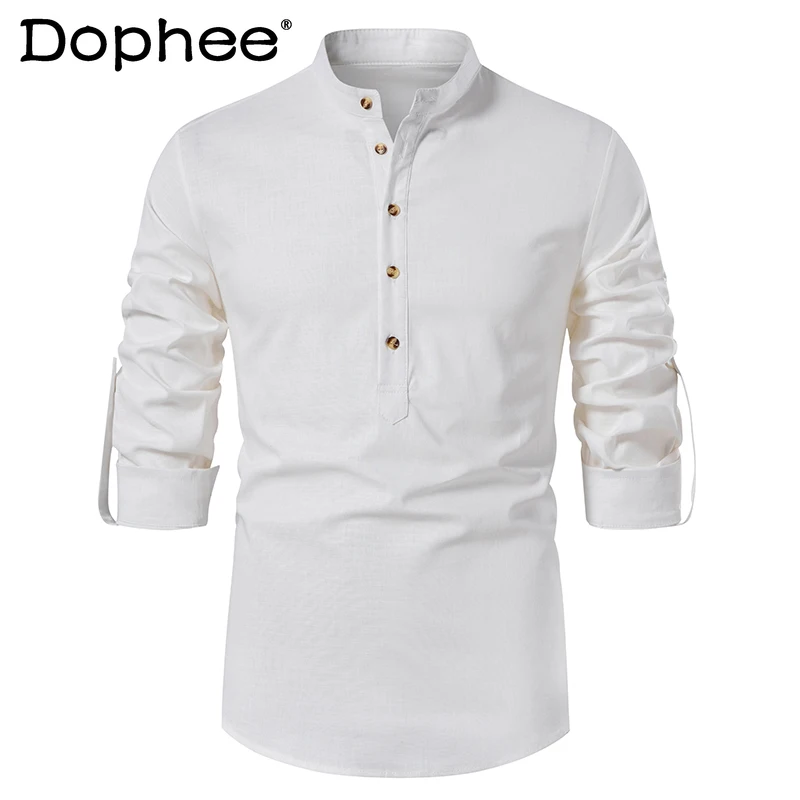 

2024 Thin Men's Shirts Casual Long Linen Sleeves Solid Color Shirts Youth Simple Handsome Stand Collar Button Two-Way Shirt