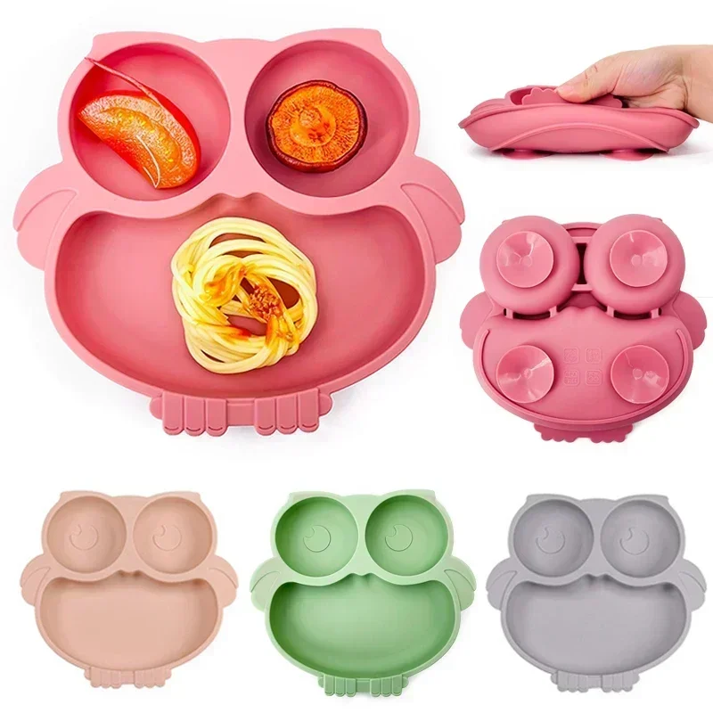 Silicone dining plate silicone meal set silicone feeding set silicone feeding bowl baby tableware set divided dinner plate children feeding tray BPA Free Silicone Baby Dining Plate Cute Owl Children Dishes Suction Plates for Toddlers Baby Training Feeding Sucker Bowl