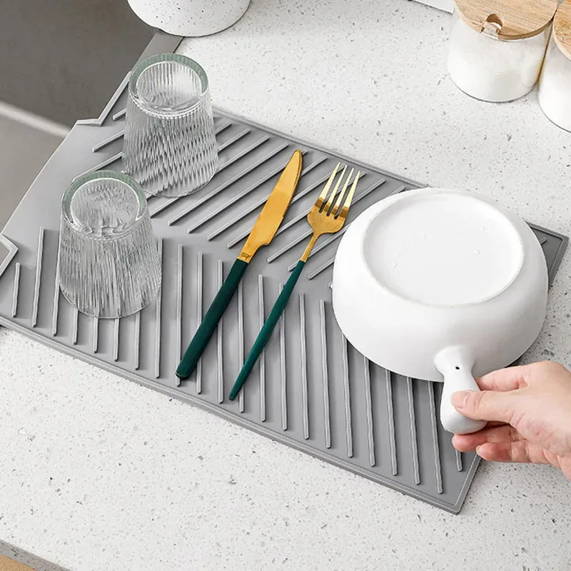 Silicone Draining Board Mat Drying Pad Folding Heat Machine Mat Raised Edges Countertop Mats Dish Kitchen Pot Cup