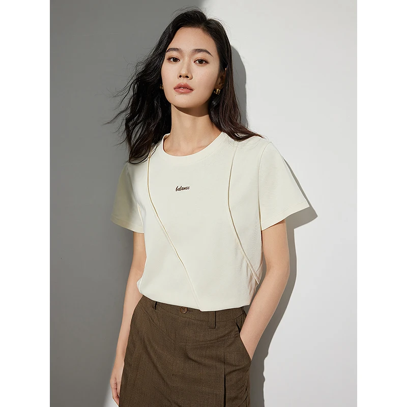 TOYOUTH Women Line Structural Sense T-shirt Summer Round Neck Casual Cotton Top women t shirts