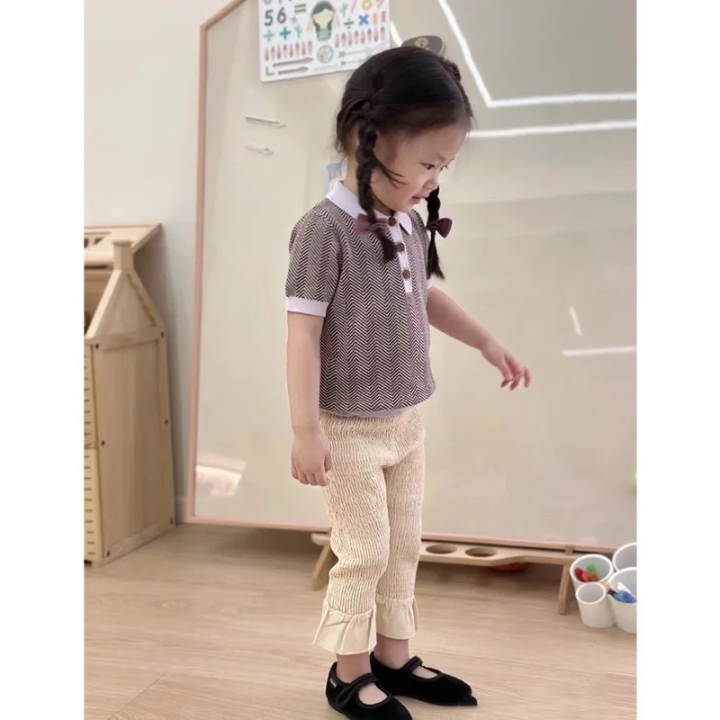 

Jenny&Dave Herringbone pattern shirt for children's summer versatile thin knit shirt with lapel pullover baby T-shirt for girls
