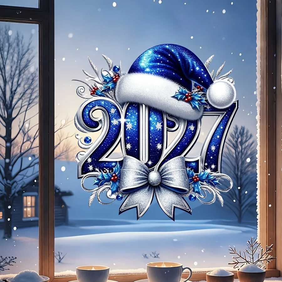 2027 Christmas Window Clings | Blue Santa Hat Glass Decal 1PC 2027 Christmas Window Sticker Blue Santa Hat Bow Decal Removable Self‑Adhesive New Year Glass Window Decor for Home Party 3