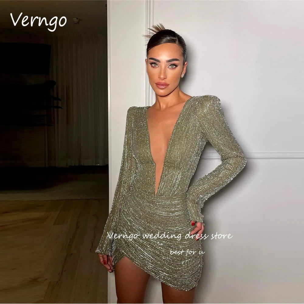 

Verngo Modern Glitter Army Green Party Formal Dresses Long Sleeves V Neck Mini Evening Gowns Night Club Cocktail Dress Outfit