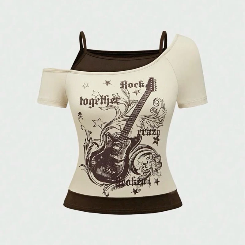 Y2k Slim Fit Print Tops Women Off Shoulder Short Sleeve Tee Shirt Neploe American Vintage Fake Two Piece Halter Lace Up T-shirts 5