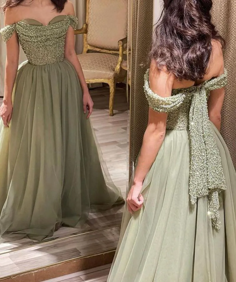 

Elegant Green Women Evening Dresses Sequins Tulle Dubai Prom Party Gowns Formal Vestido De Noche Abenkleider robes de soirée