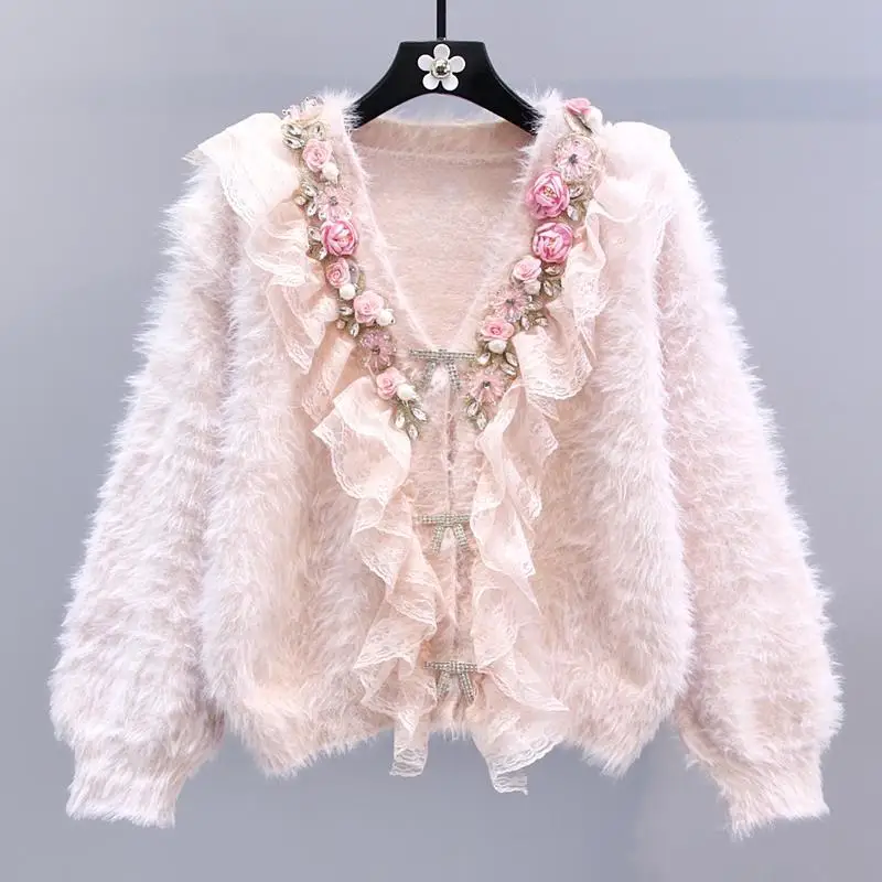 

Stereo Flower Sweet All Match Outerwear Chic Single-breasted High-End Sweater Jacket Autumn Winter New Loose Grunge Cardigan Y2k