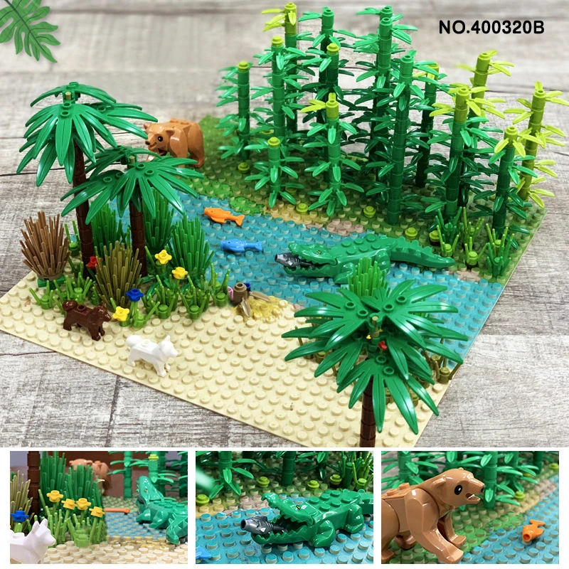 

Rainforests Model City Bush Flower Grass Tree with Animals Base Plate DIY MOC Parts Compatible Friends Building Blocks