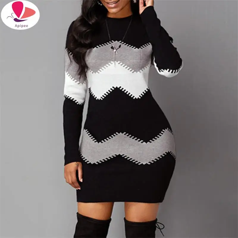 

Women Elegant Patchwork Long Sleeve Warm Dress 2024 Autumn Winter Rib Knit Sweater Dress Casual Turtleneck Pullover Mini Dresses