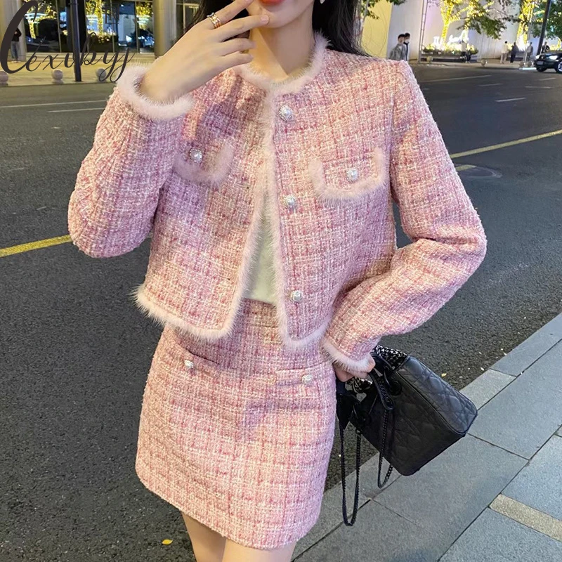 

Women Sweet Tweed Skirt 2 Peice Set Korean Fashion Round Neck Cropped Coat +High Waist Mini Skirt Outfits Autumn Winter Suit