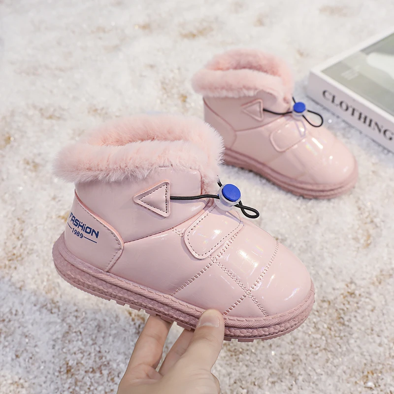 

Boy's Girl's Winter Warm Fur Lining Non-Slip Snow Shoes Ankle Flat Waterproof Outdoor Durable Plush Snow Boots for Kids
