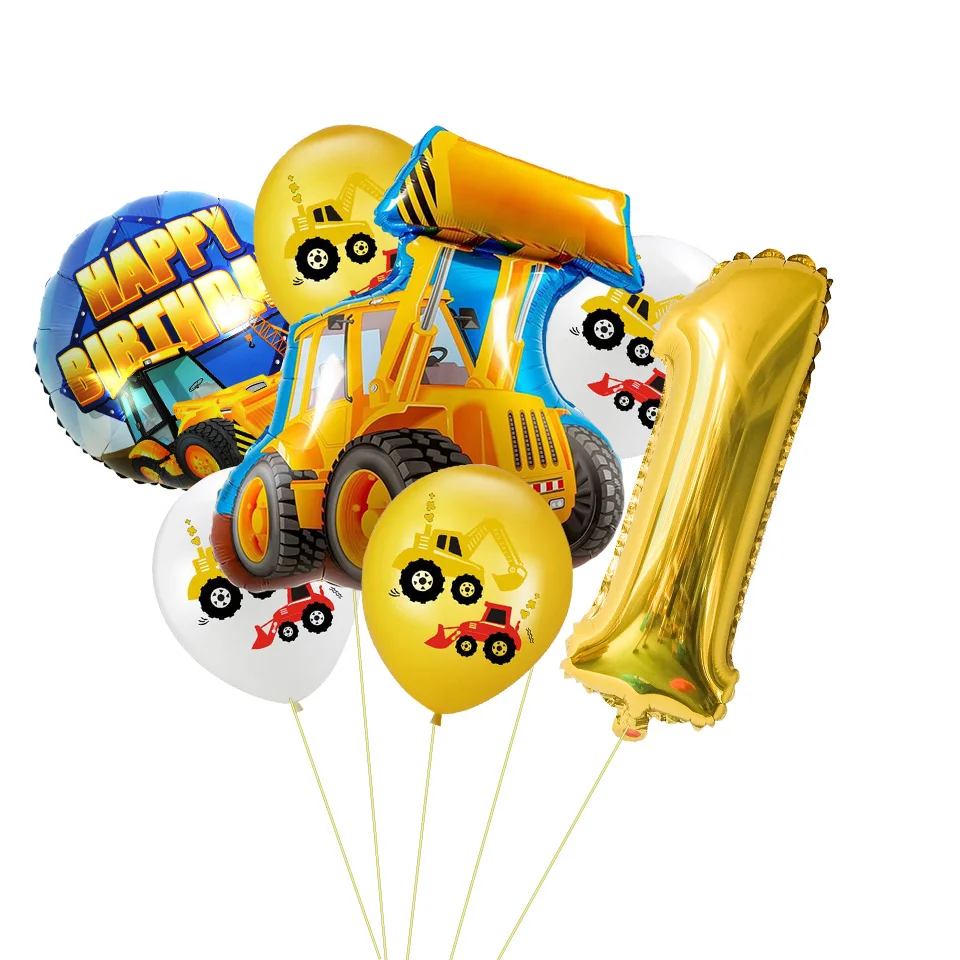 1set Construction Bulldozer Series Disposable Tableware Paper Cups Plates Truck Balloons For Boy's Birthday DIY Party Decoration 