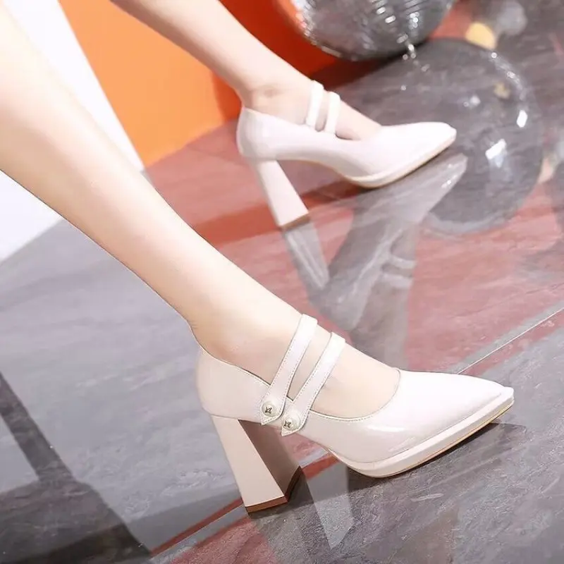 Ladies Elegant Cusp Shoes Women's New Square Heel High Heels Bridal Shoes High Heel Loafers Retro Mary Jane Women's Shoes New