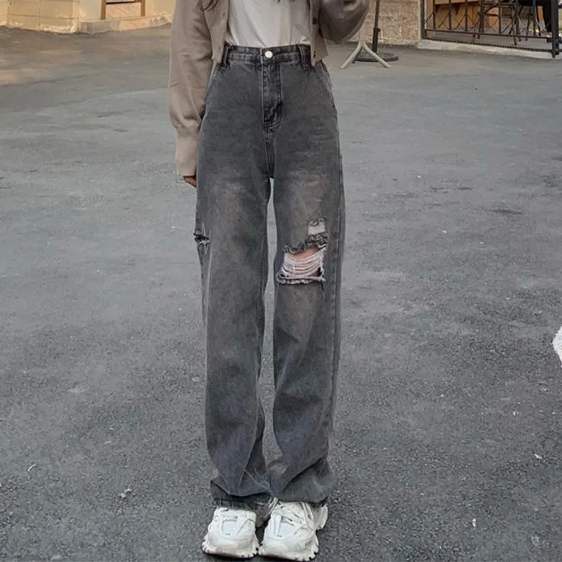 

Vintage Y2k Hollow Out Jeans Fashion Zipper High Waist Jeans Harajuku Chic Holes Trousers Spring Autumn Female Wide Leg Pants