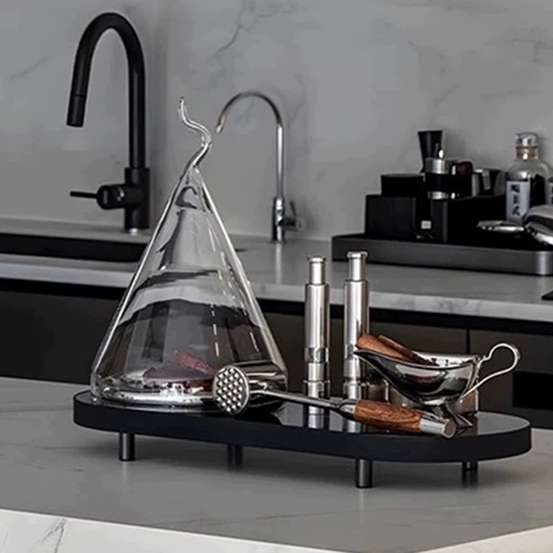 Modern Stainless Steel Glass Kitchen Hotel Table Sideboard Serving Tray Metal Tall Standing Cake Plate Storage Refreshment Tray 3