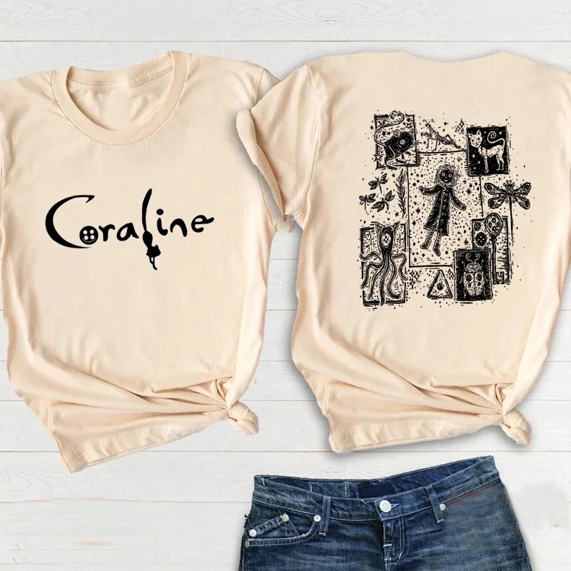 Retro Coraline Movie T Shirt Women Female Coraline Doll Dreams Unisex Tshirt Horror Movie Tee Shirt Streetwear Cotton Tops Tee