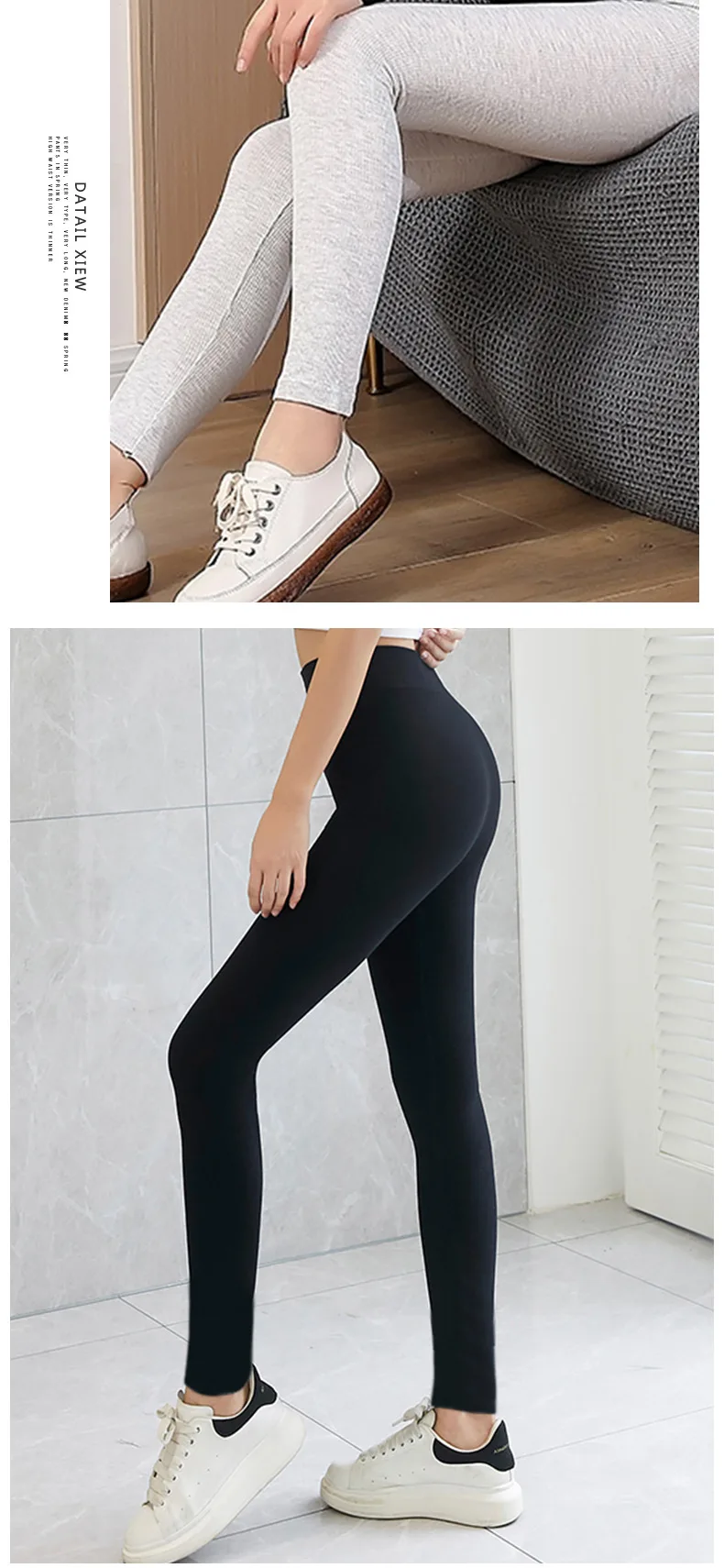 Gerippte Baumwoll-Leggings für Damen, Frühlings- und Herbst-Strumpfhose, hochelastisch, dünn, Freizeithose, Workout, Gehen, solide Leggings für Damen – Detail 6